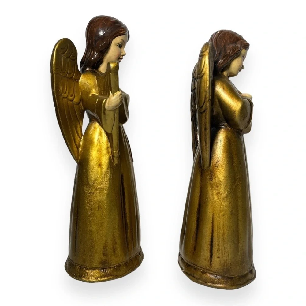 Brinns Christmas Angel Pair Figurine Choir Harp Violin Music Antique Gold Patina